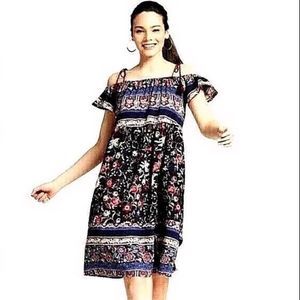 Knox Rose Boho Off Shoulder Blue Red Floral Print Dress Pocket Size L